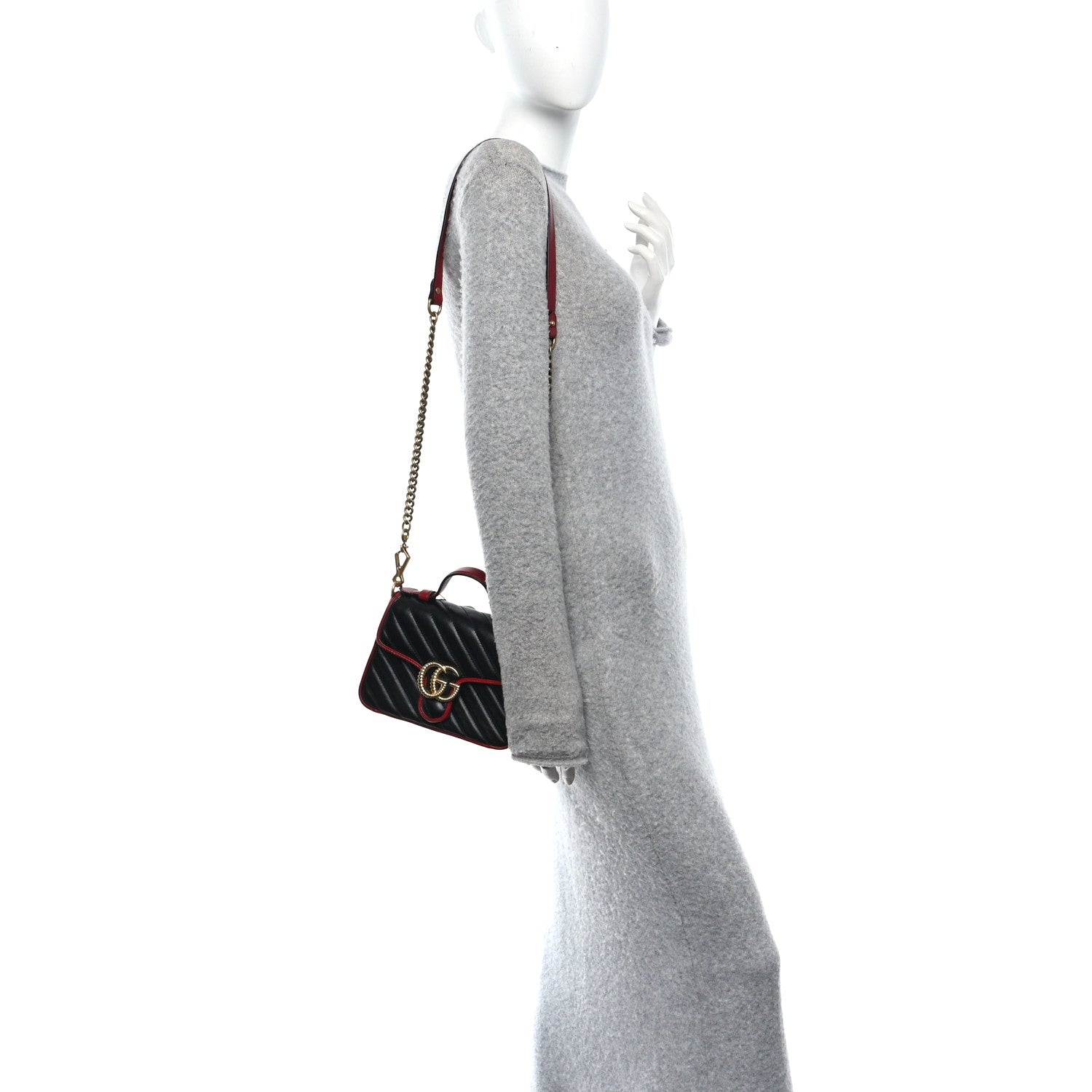 Gucci Vintage Effect Calfskin Matelasse Diagonal Mini Torchon GG Marmont Top Handle Shoulder Bag Black Romantic Cherry