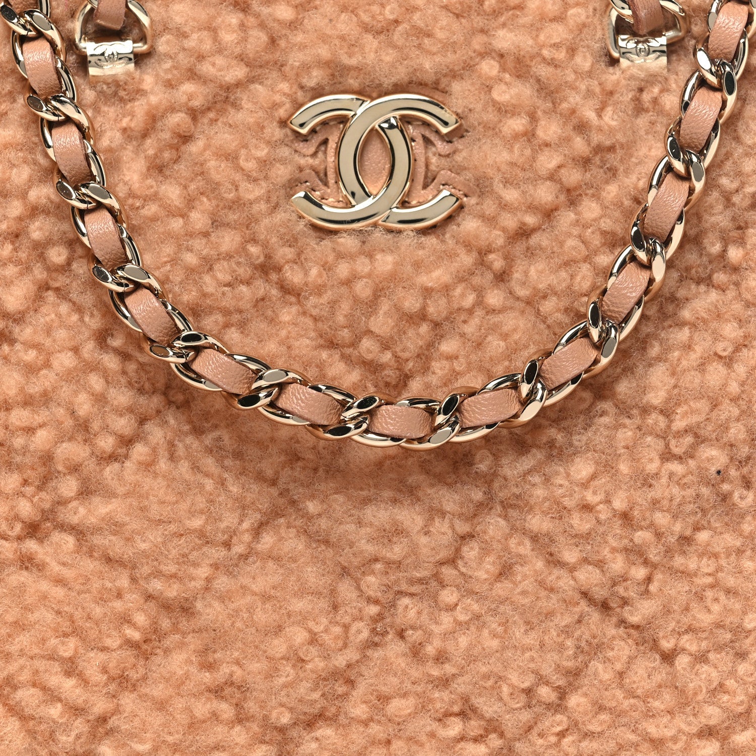 Chanel Shearling Quilted Shiny Coco Clutch With Chain Dark Beige