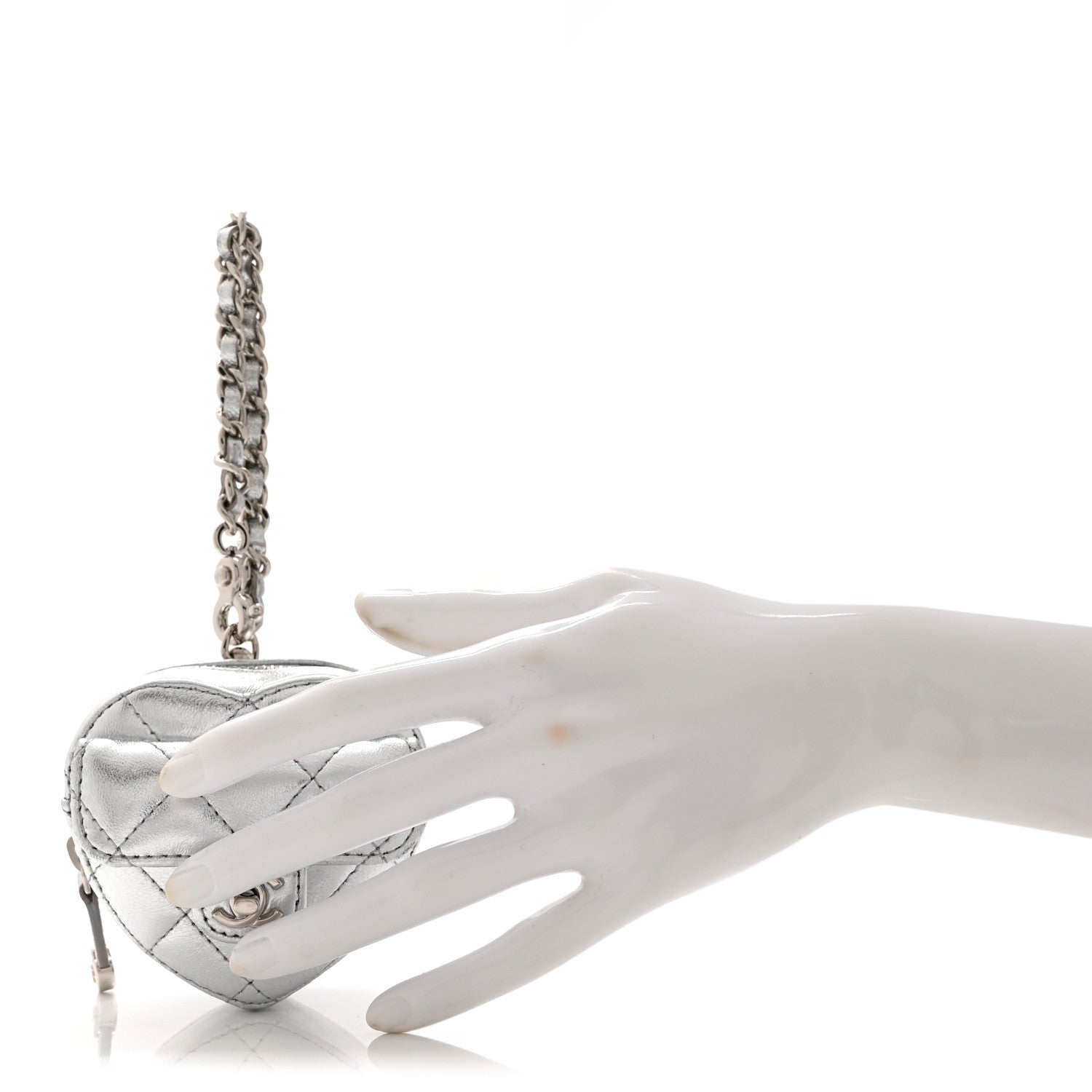 Metallic Lambskin Quilted CC Mini In Love Heart Bag Charm Silver