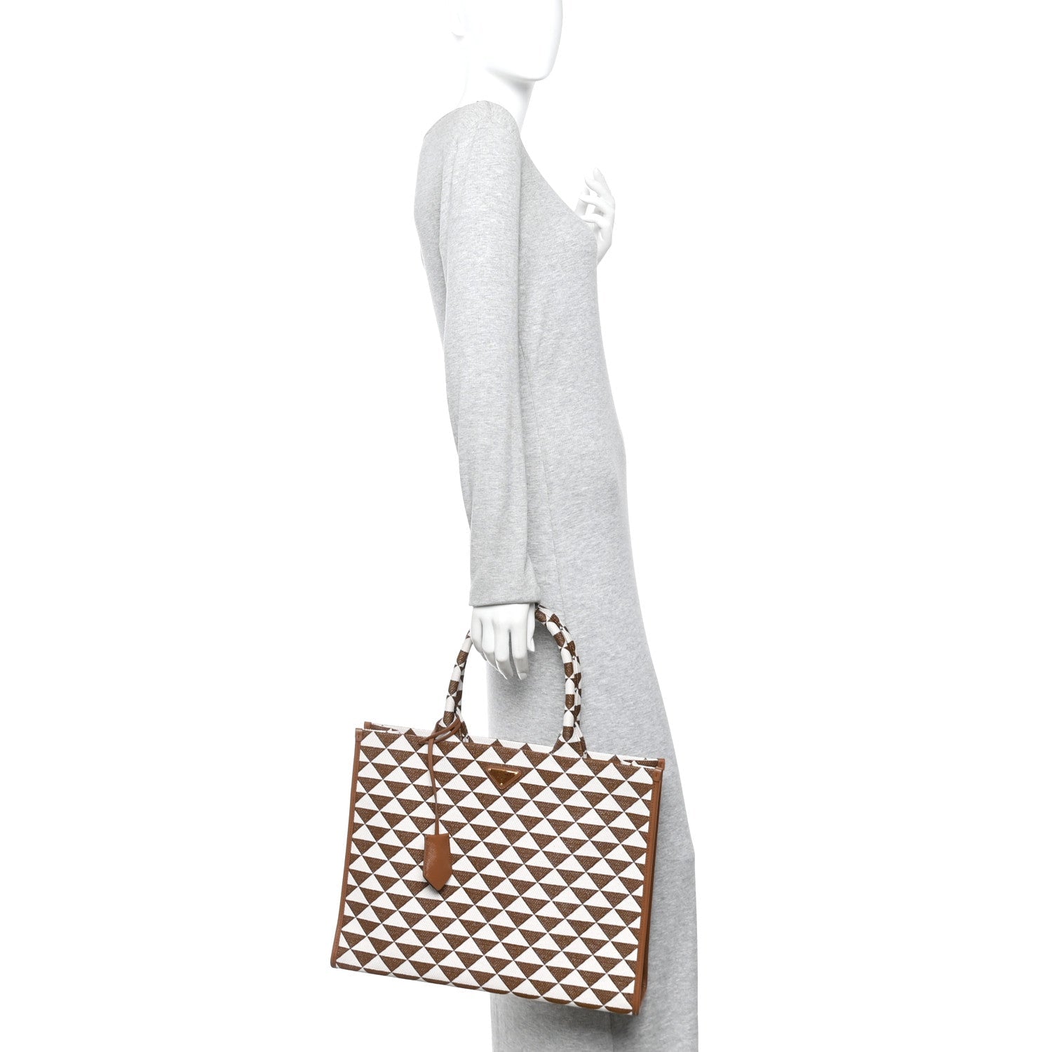 Prada Jacquard Saffiano Triangolo Symbole Embroidered Large Tote Tobacco Talco