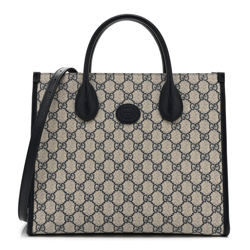 Gucci GG Supreme Monogram Textured Dollar Calfskin Small Retro Interlocking G Tote Bag Beige Blue