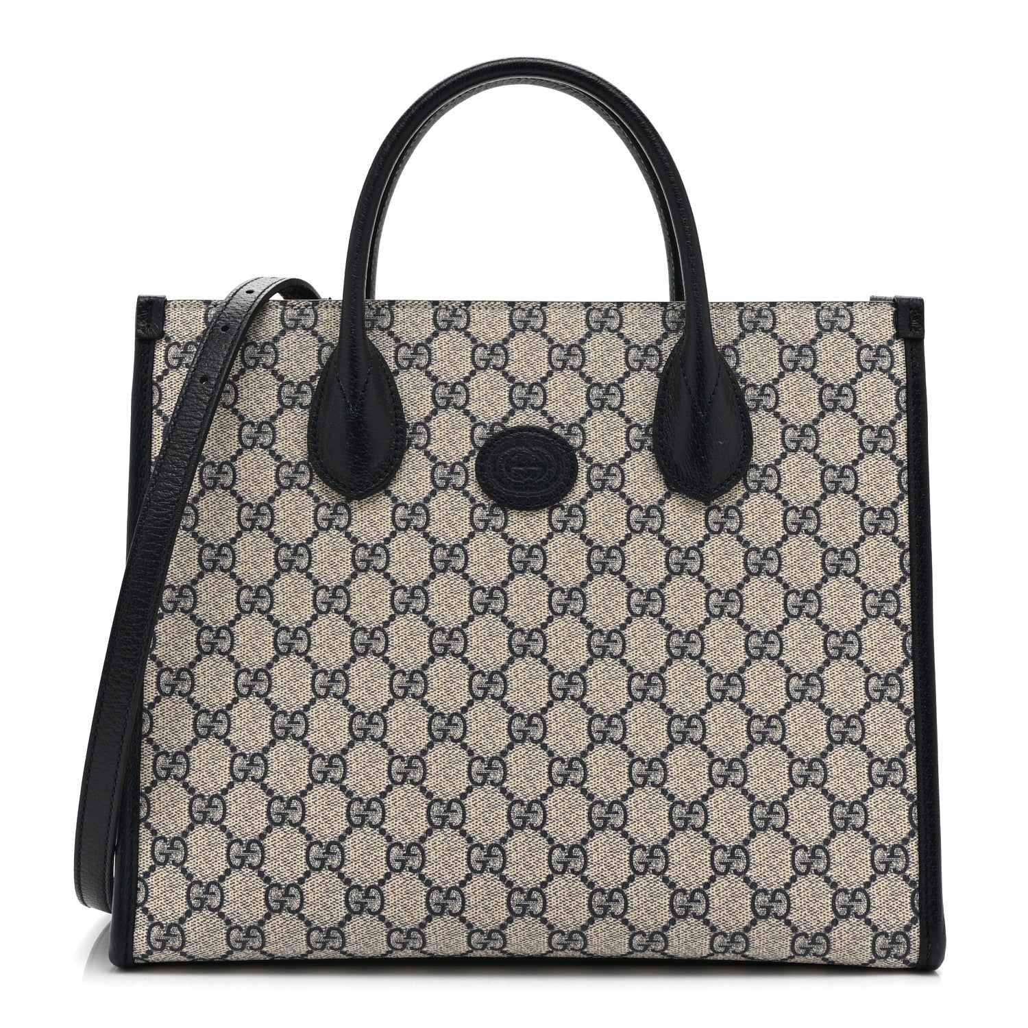 Gucci GG Supreme Monogram Textured Dollar Calfskin Small Retro Interlocking G Tote Bag Beige Blue