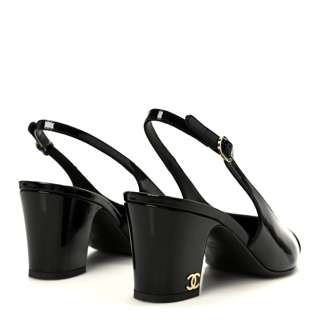 Patent Calfskin Cap Toe CC Slingback Pumps 36 Black