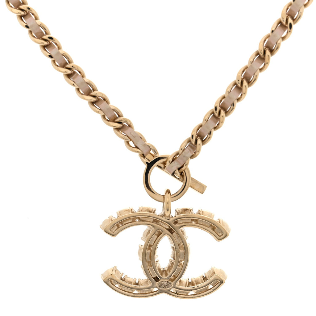 Pearl Crystal Lambskin Chain CC Dazzling Domino Necklace White Gold Pink