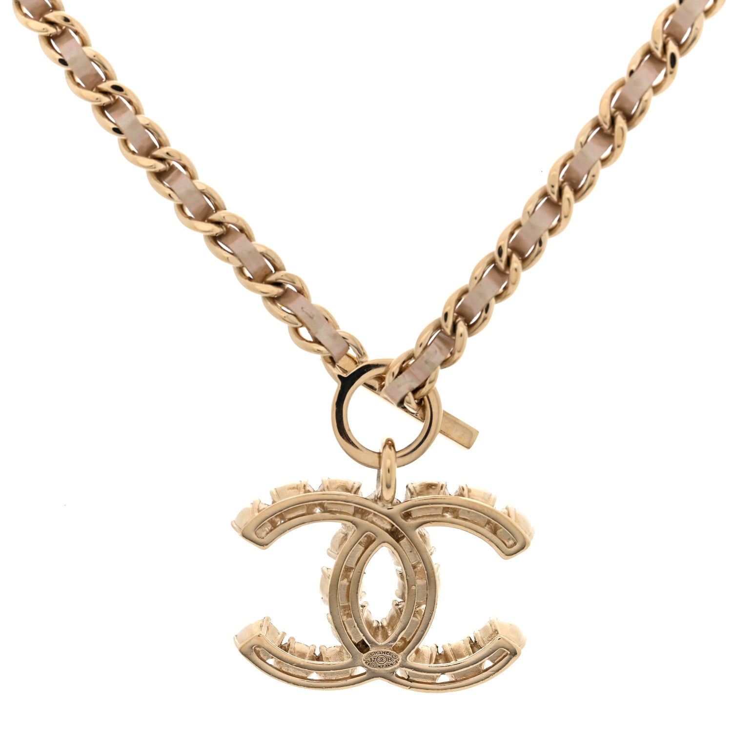 Pearl Crystal Lambskin Chain CC Dazzling Domino Necklace White Gold Pink