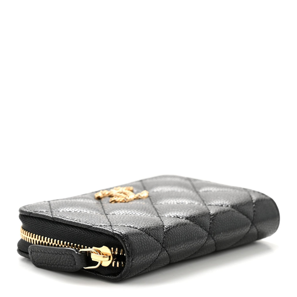 Caviar Quilted Crystal Zip Around Coin Purse Wallet Black
