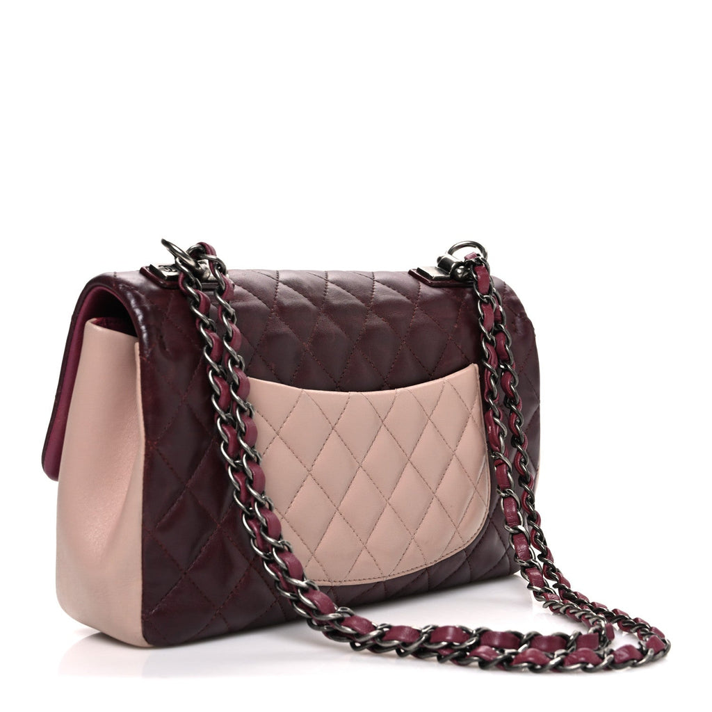 Chanel Lambskin Quilted Medium Tri-Color Flap Burgundy Dark Pink