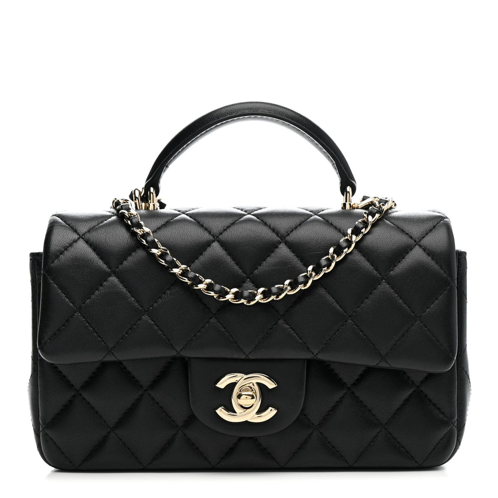Chanel Lambskin Quilted Mini Top Handle Rectangular Flap Black