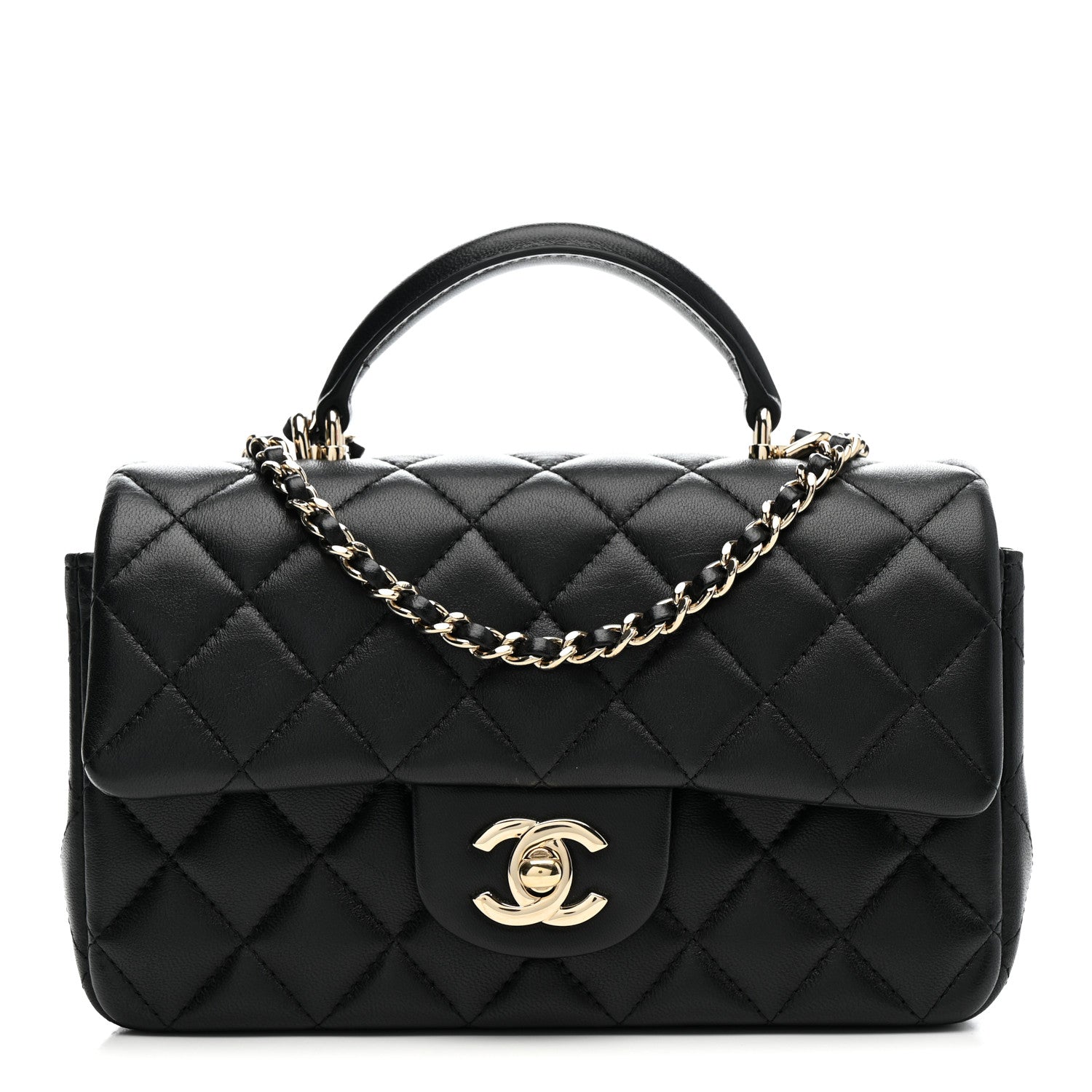 Chanel Lambskin Quilted Mini Top Handle Rectangular Flap Black