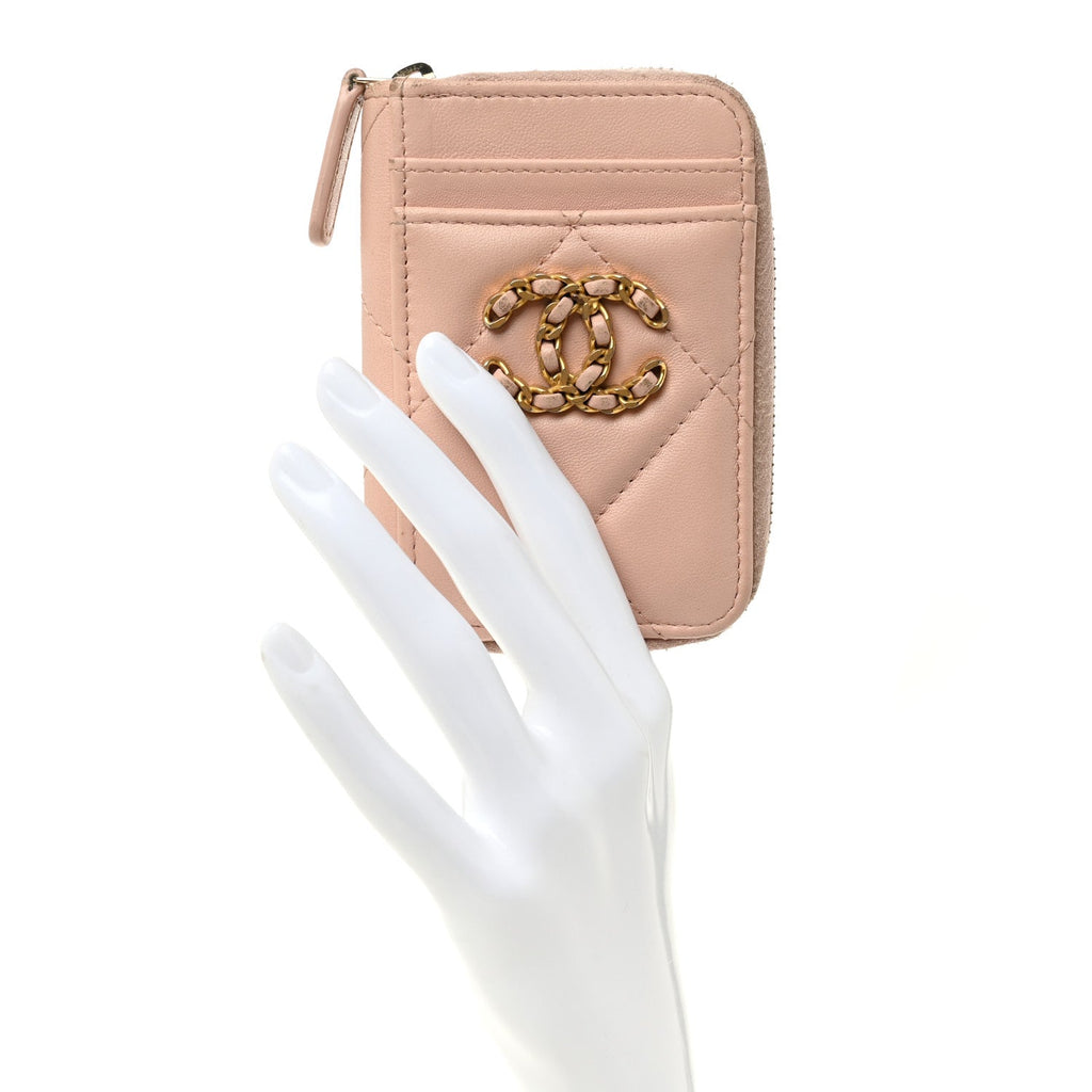 Lambskin Quilted Chanel 19 Vertical Zip Card Holder Wallet Light Pink