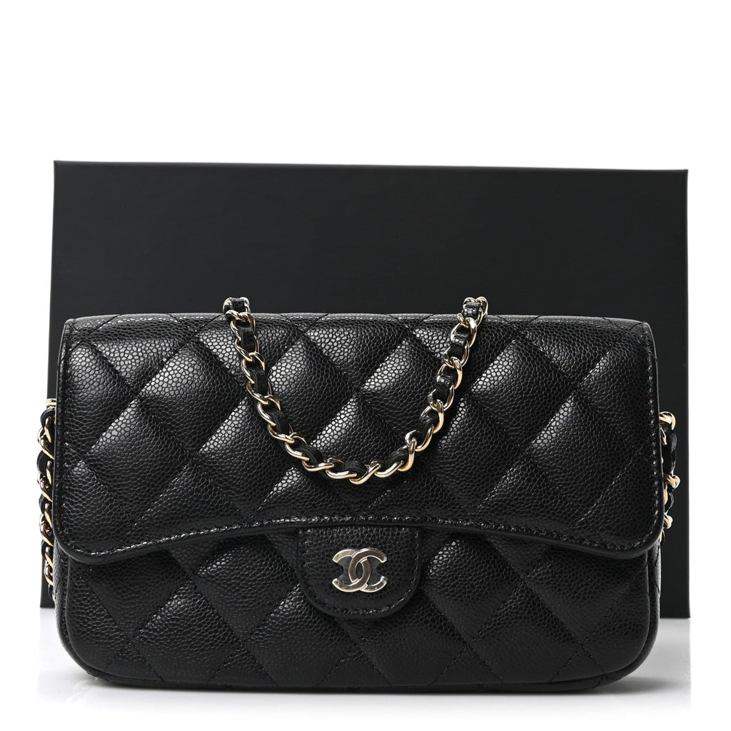 Caviar Quilted Flap Phone Holder With Chain Black