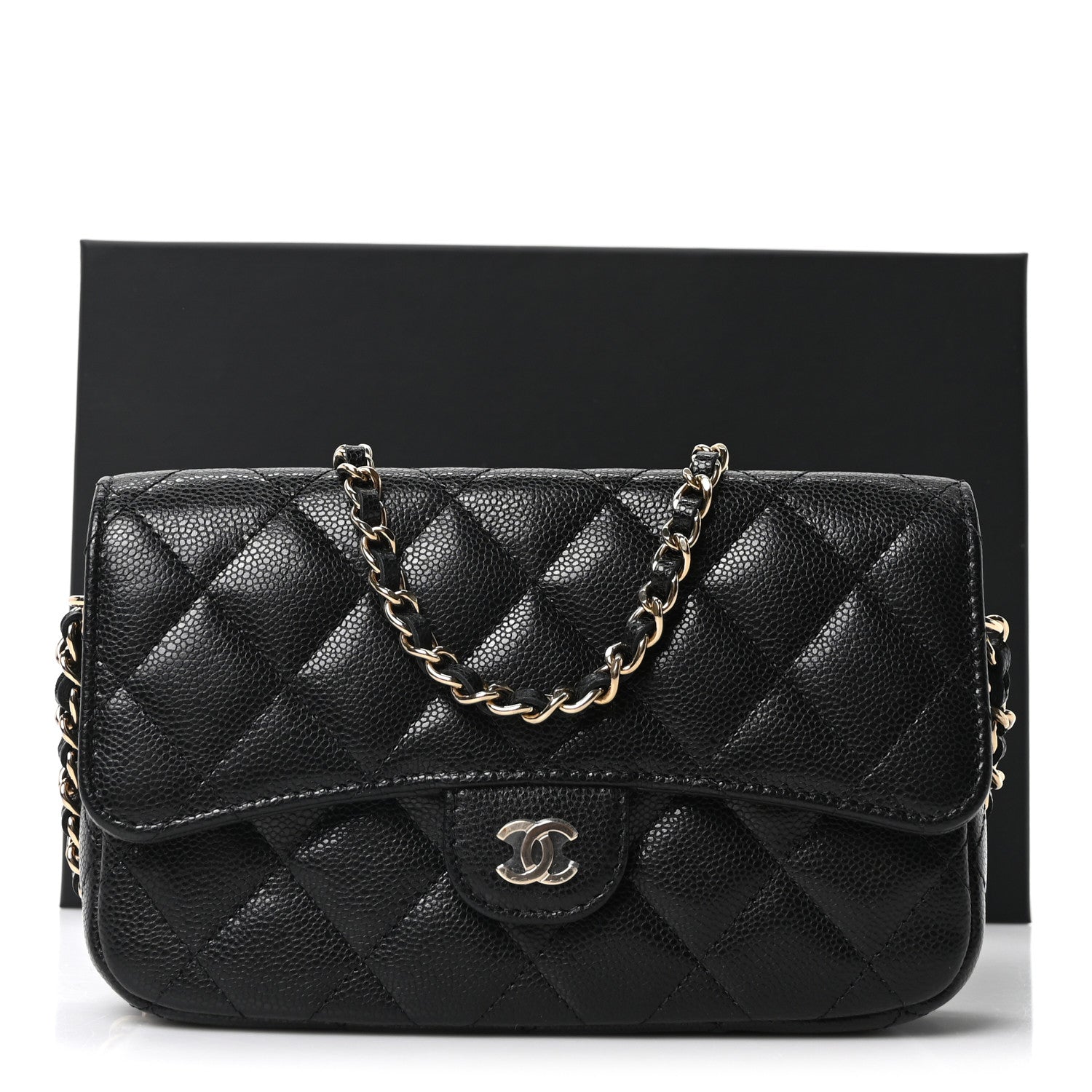Caviar Quilted Flap Phone Holder With Chain Black