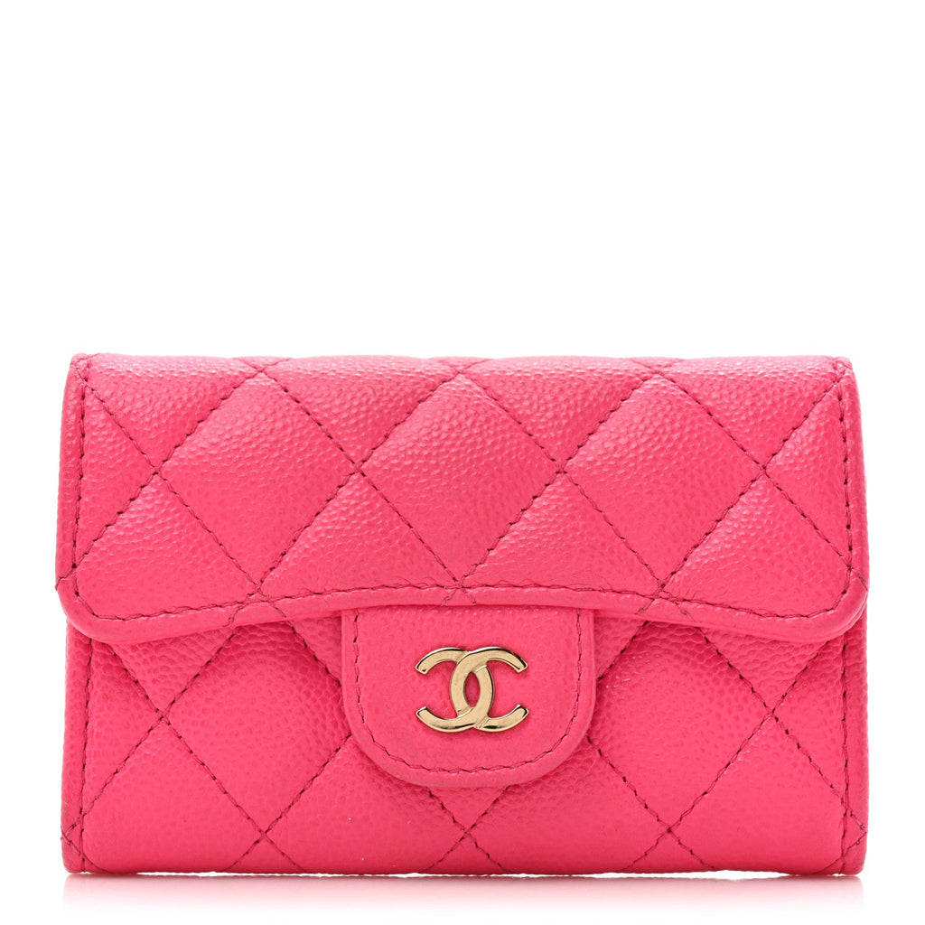 Caviar Quilted Flap Card Holder Wallet Fuchsia