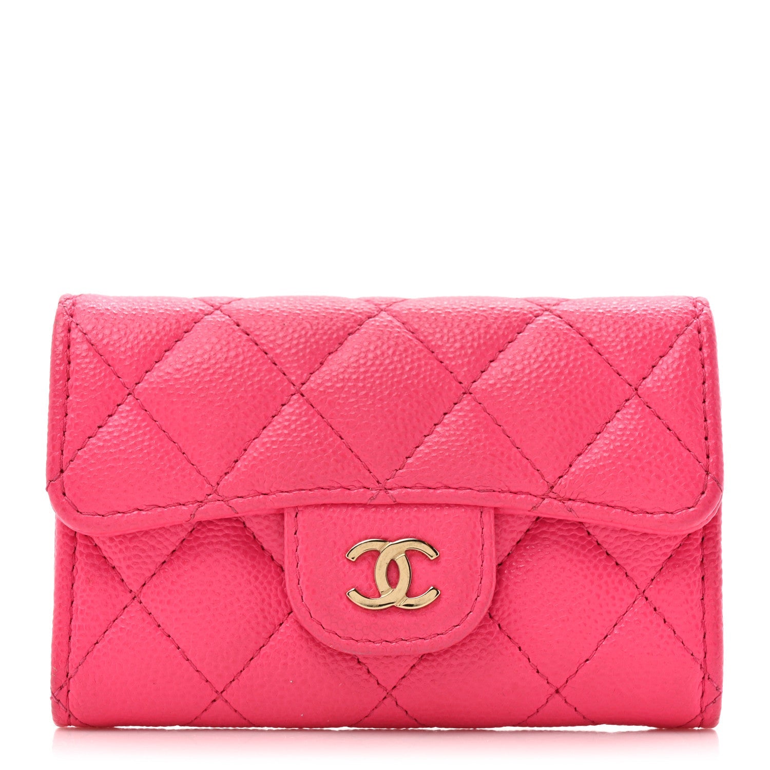 Caviar Quilted Flap Card Holder Wallet Fuchsia
