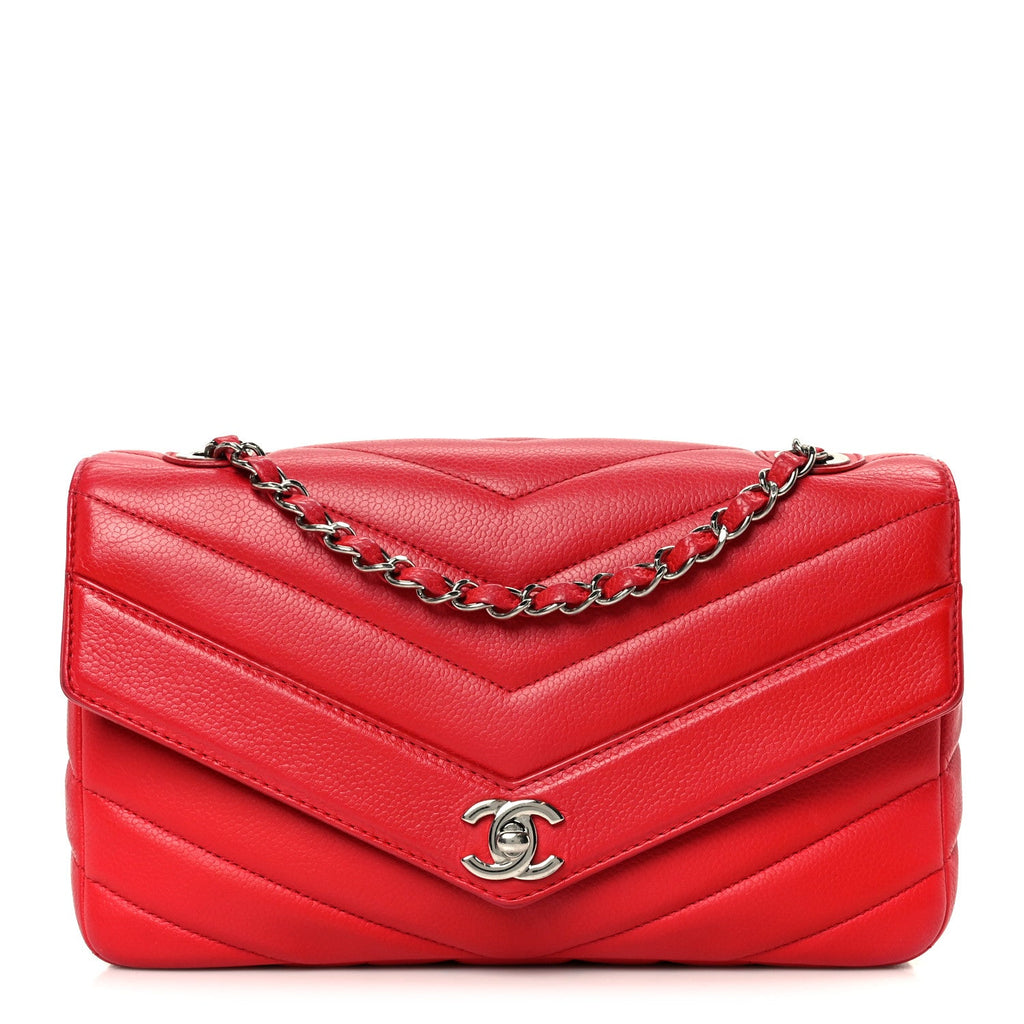 Chanel Caviar Chevron Quilted Single Flap Red