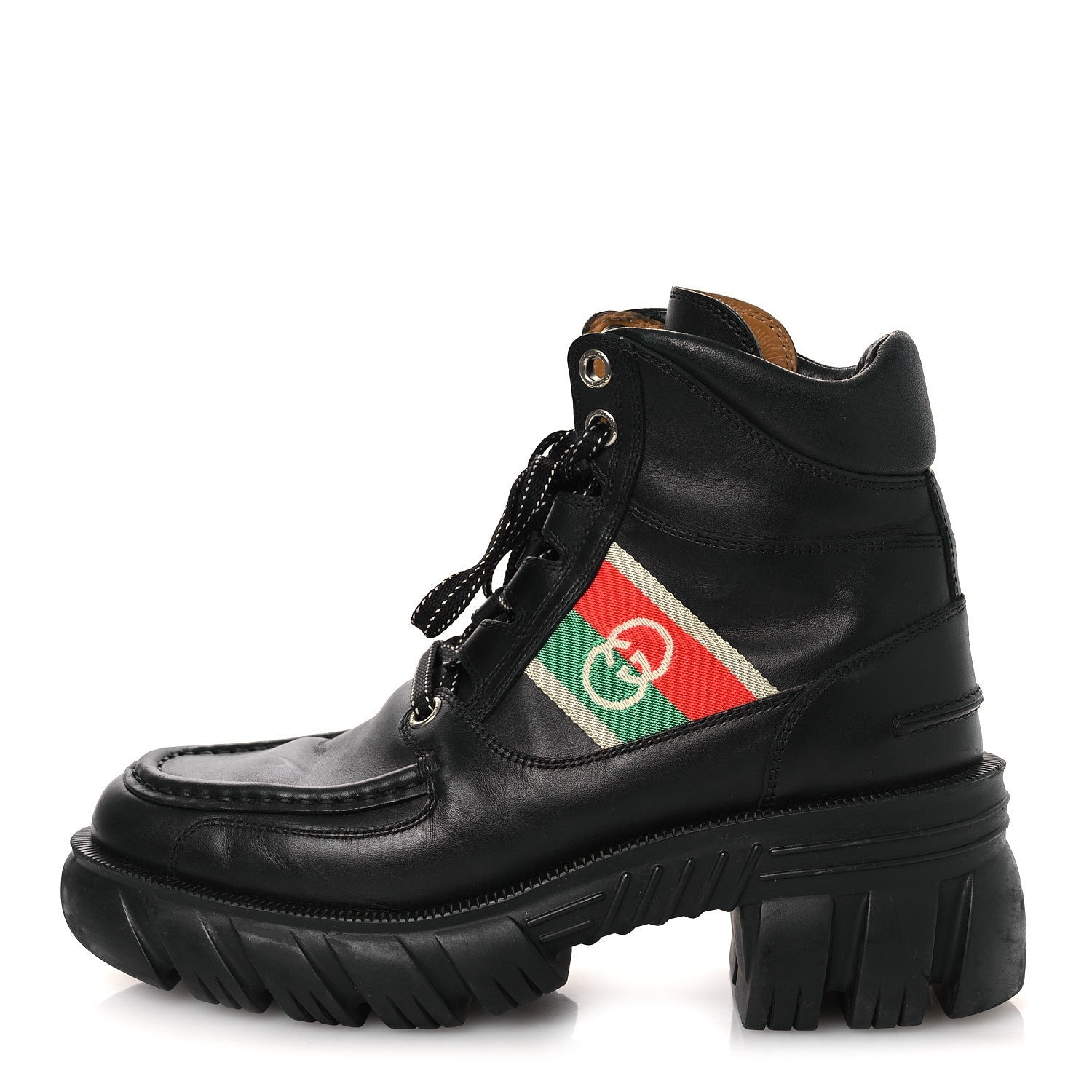 Gucci Quebec Calfskin Web Womens Interlocking G Lace Up Combat Boots 38 Black Mystic White Green Red