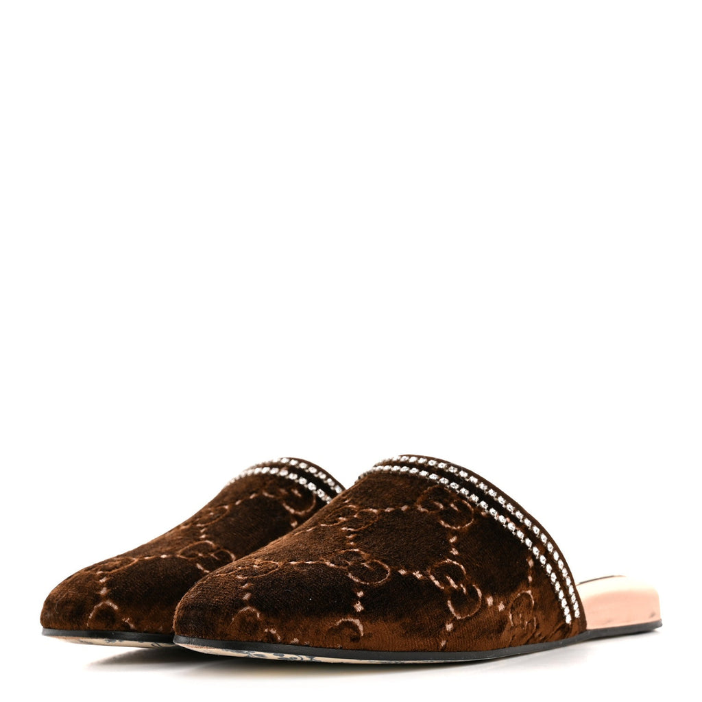 Gucci Velvet GG Monogram Crystal Slippers 39 Brown Vintage Cocoa