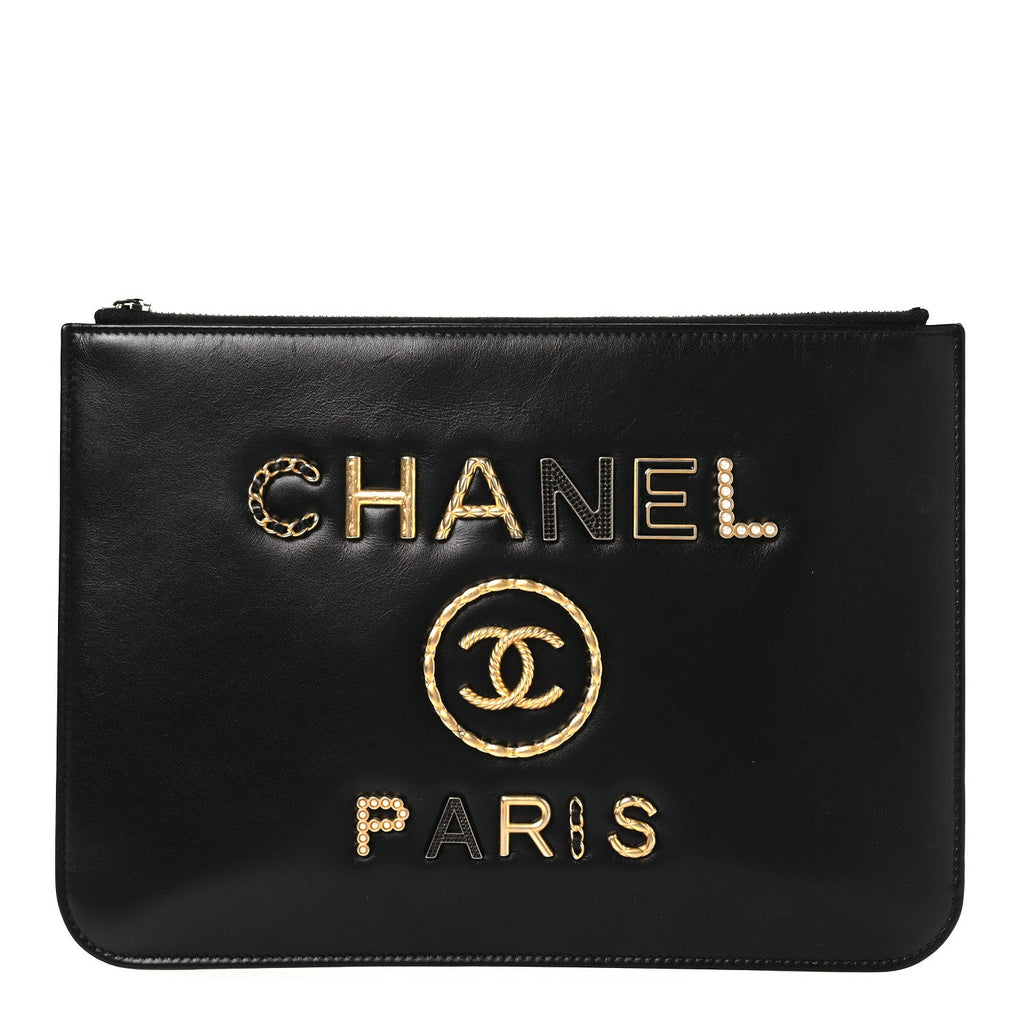 Chanel Shiny Calfskin Crystal Pearl Logo Cosmetic Case Black