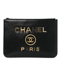 Chanel Shiny Calfskin Crystal Pearl Logo Cosmetic Case Black