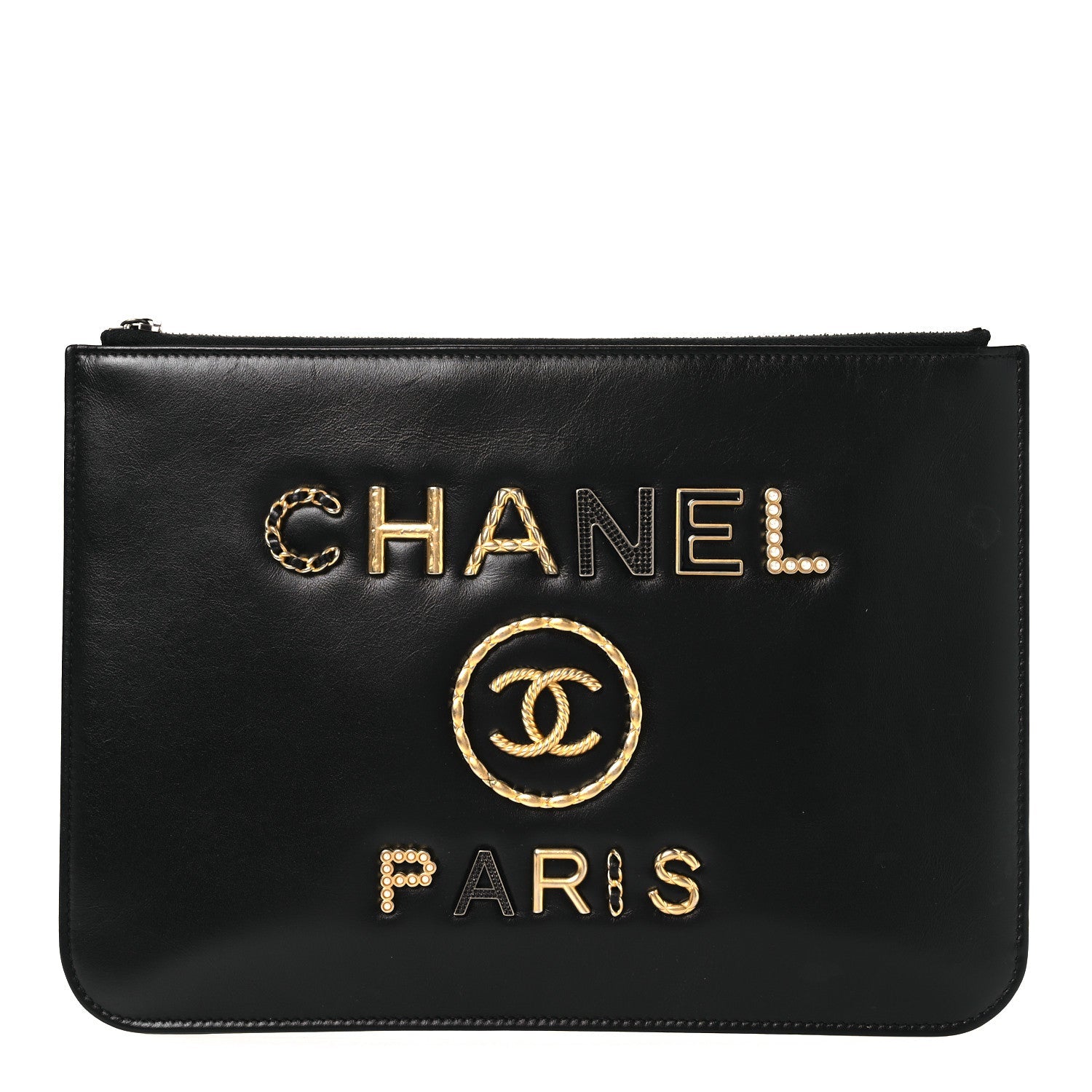 Chanel Shiny Calfskin Crystal Pearl Logo Cosmetic Case Black