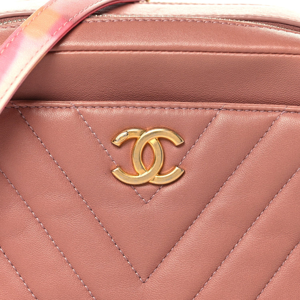 Chanel Lambskin Chevron Quilted Chain Around Camera Case Pink