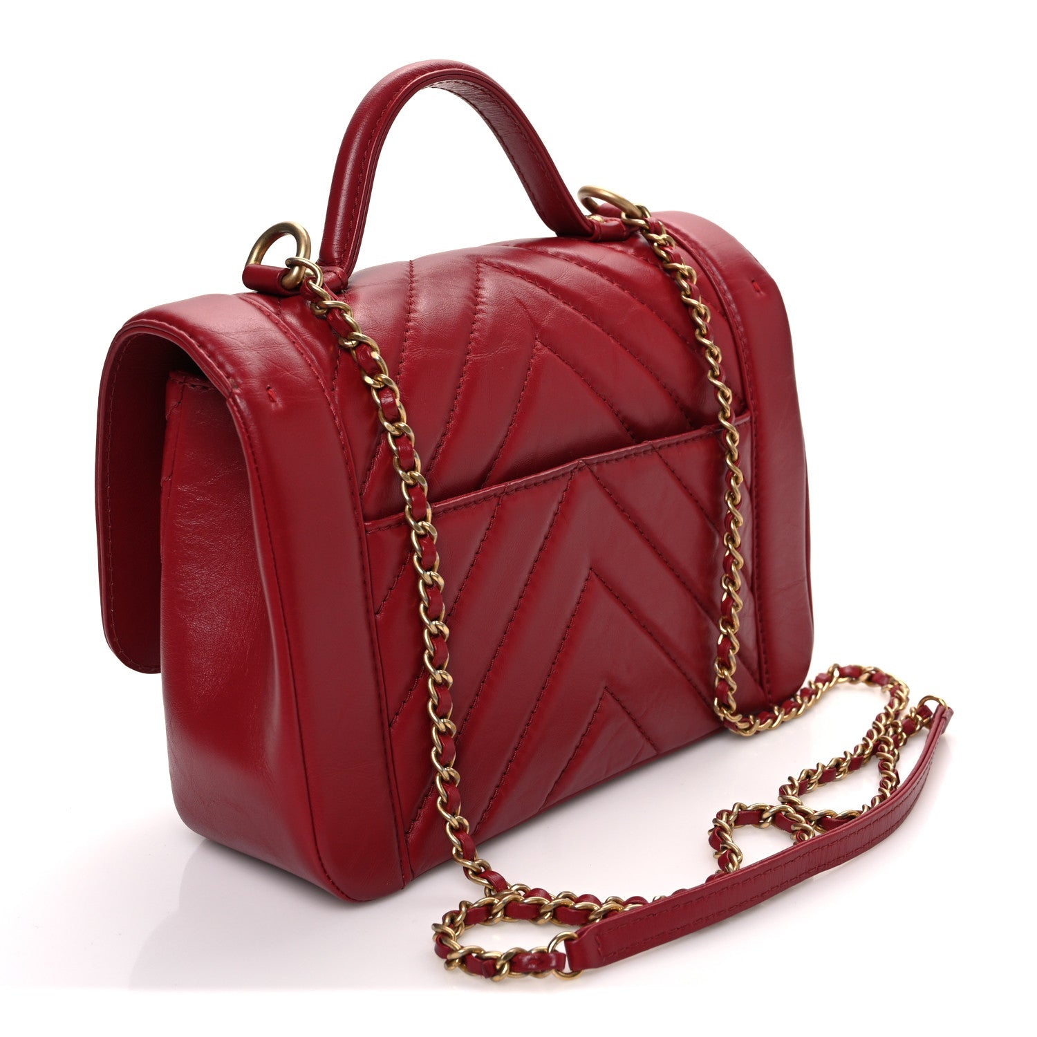Chanel Calfskin Chevron Quilted Top Handle Flap Red