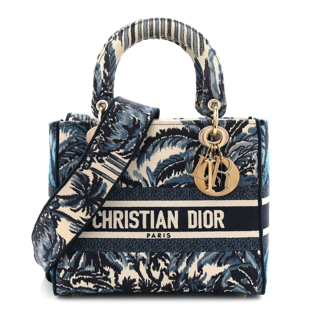 Christian Dior Canvas Embroidered Palm Tree Toile De Jouy Medium Lady D-Lite Blue
