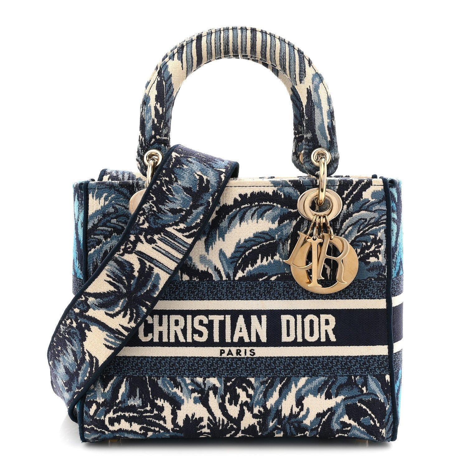 Christian Dior Canvas Embroidered Palm Tree Toile De Jouy Medium Lady D-Lite Blue