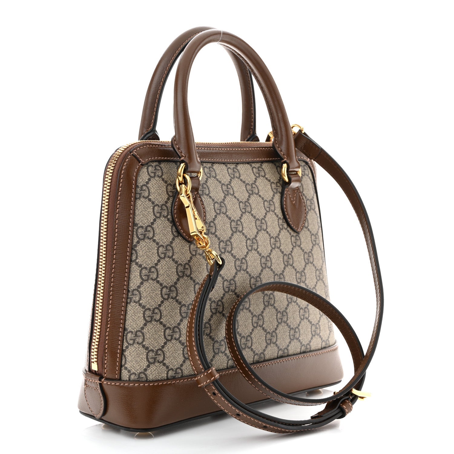 Gucci GG Supreme Monogram Azalea Calfskin Small Horsebit 1955 Top Handle Bag Beige Ebony Brown Sugar