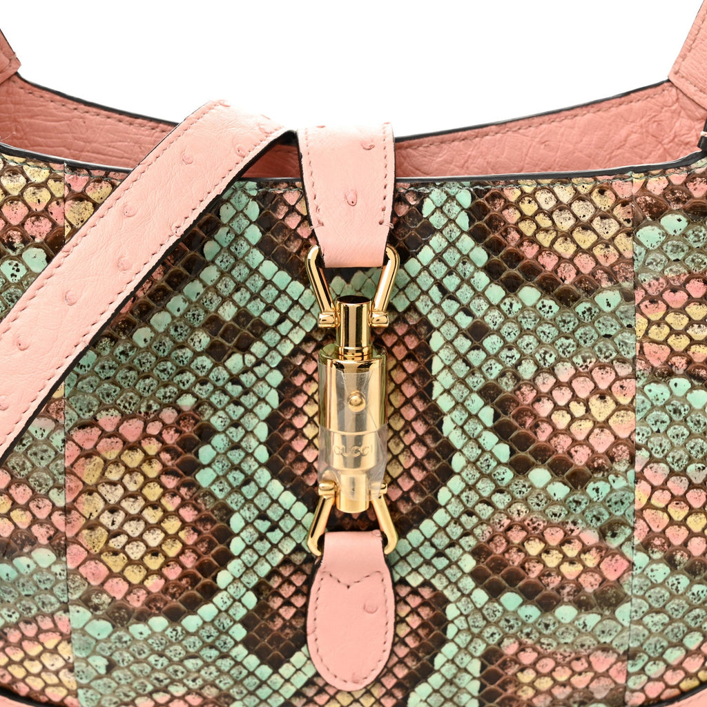 Gucci Snakeskin Ostrich Calfskin Small Jackie 1961 Hobo Pink Multicolor