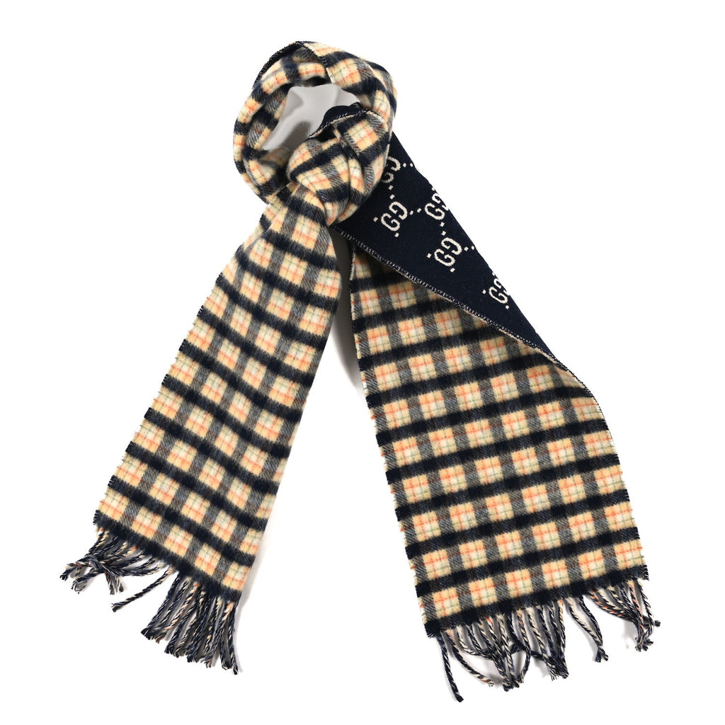 Gucci Wool GG Monogram Plaid Rise Reversible Fringe Scarf Midnight Blue Cream