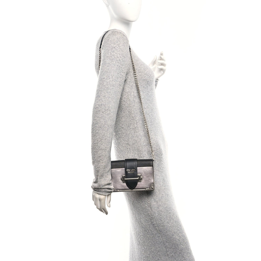 Prada Metallic Vitello Saffiano Cahier Bag Silver Black
