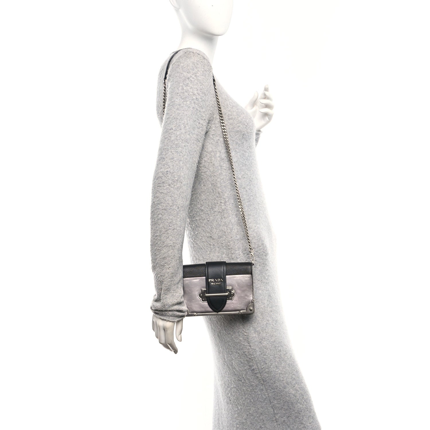 Prada Metallic Vitello Saffiano Cahier Bag Silver Black