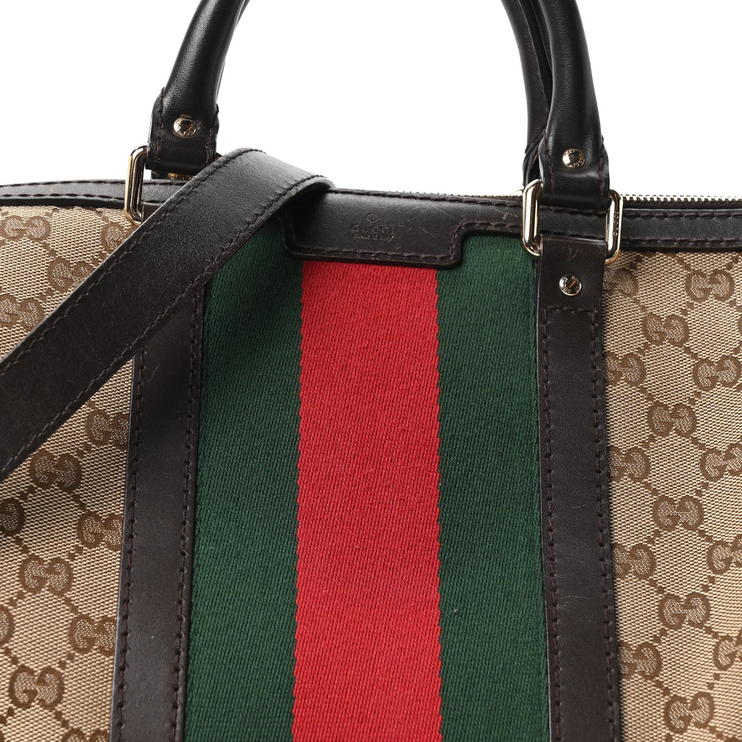 Gucci Monogram Selleria Calfskin Vintage Web Medium Boston Beige Ebony Cocoa