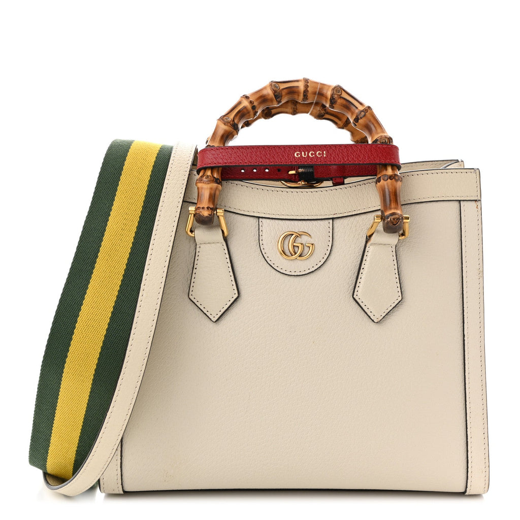 Gucci Textured Dollar Calfskin Web Small Diana Tote Bag Mystic White