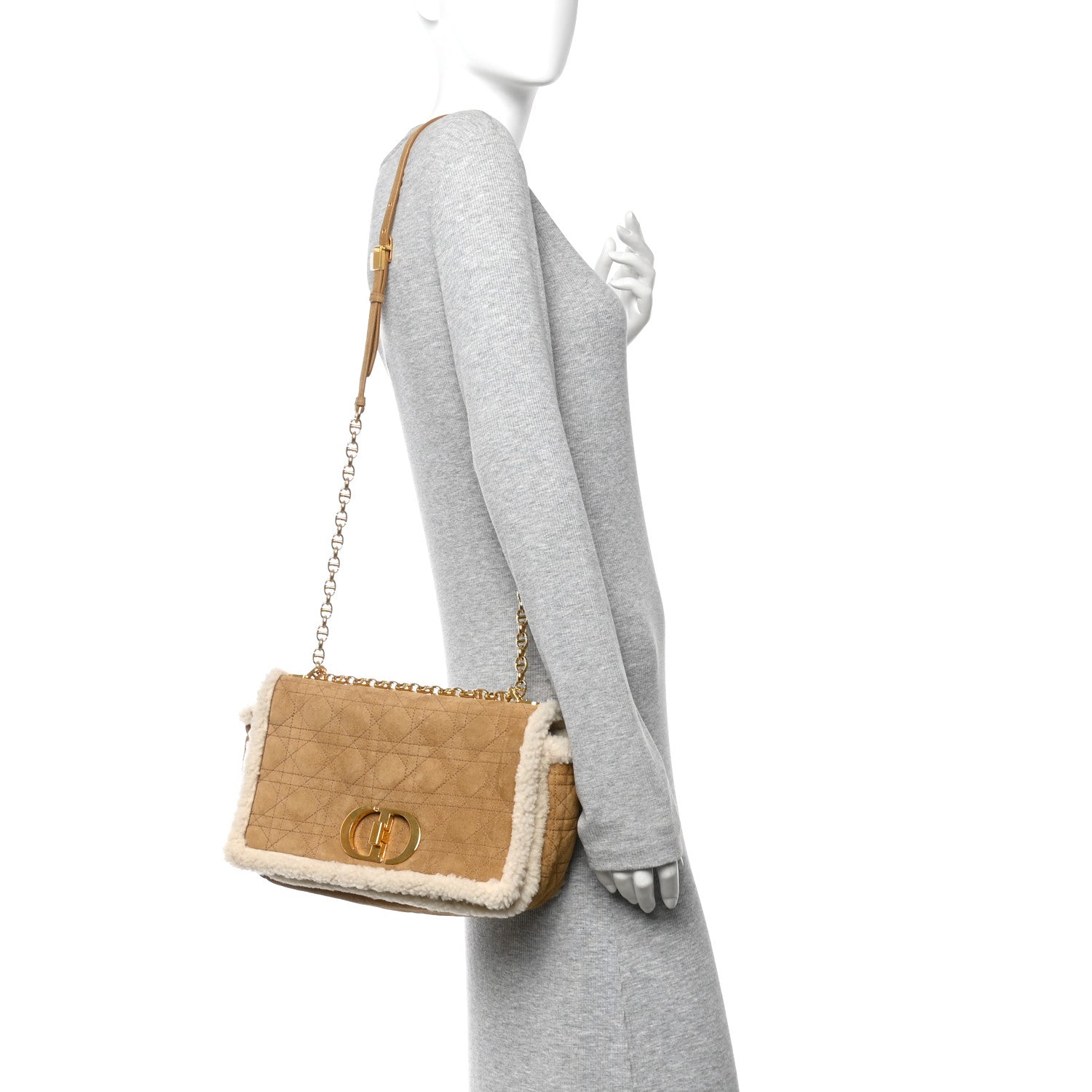 Christian Dior Shearling Cannage Large Caro Bag Camel
