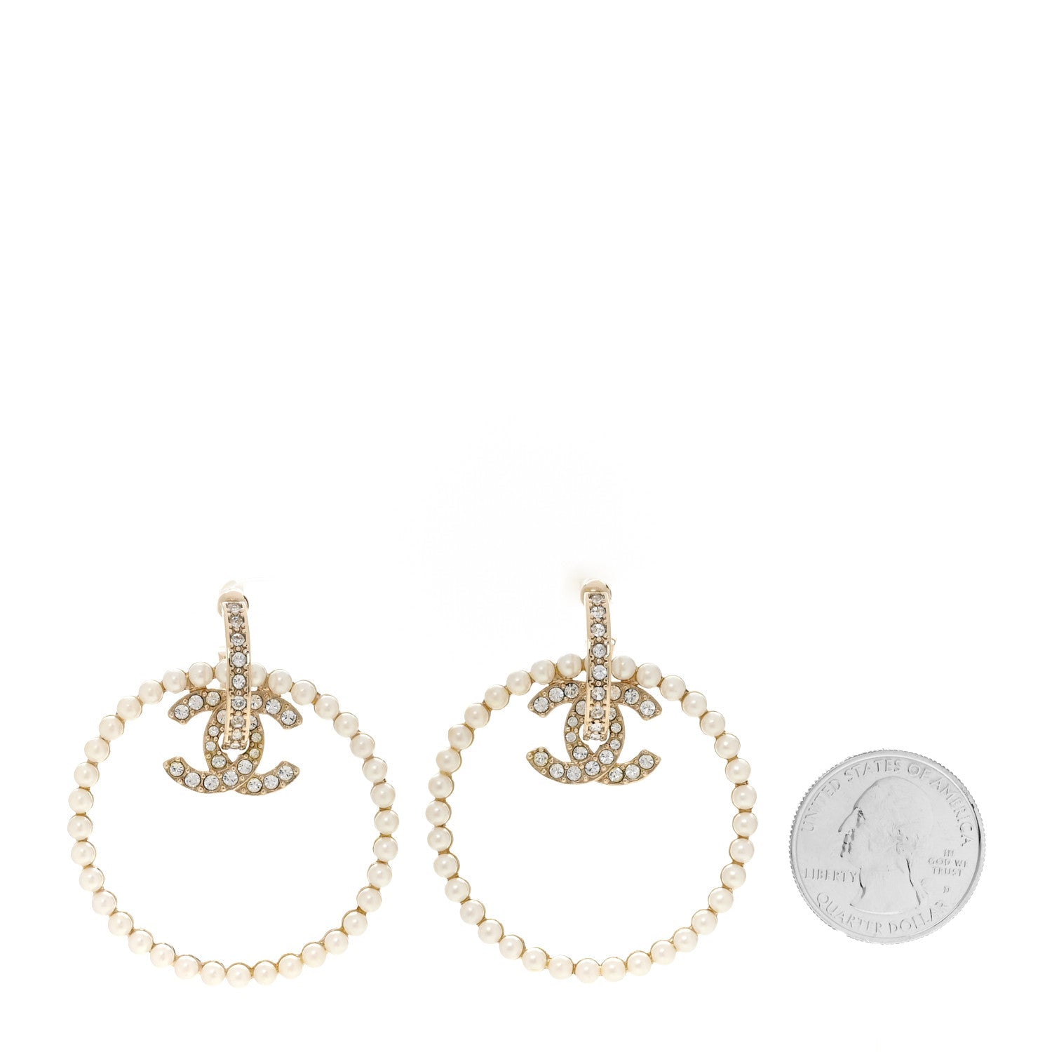 Crystal Pearl CC Door Knocker Hoop Earrings Gold Pearly White
