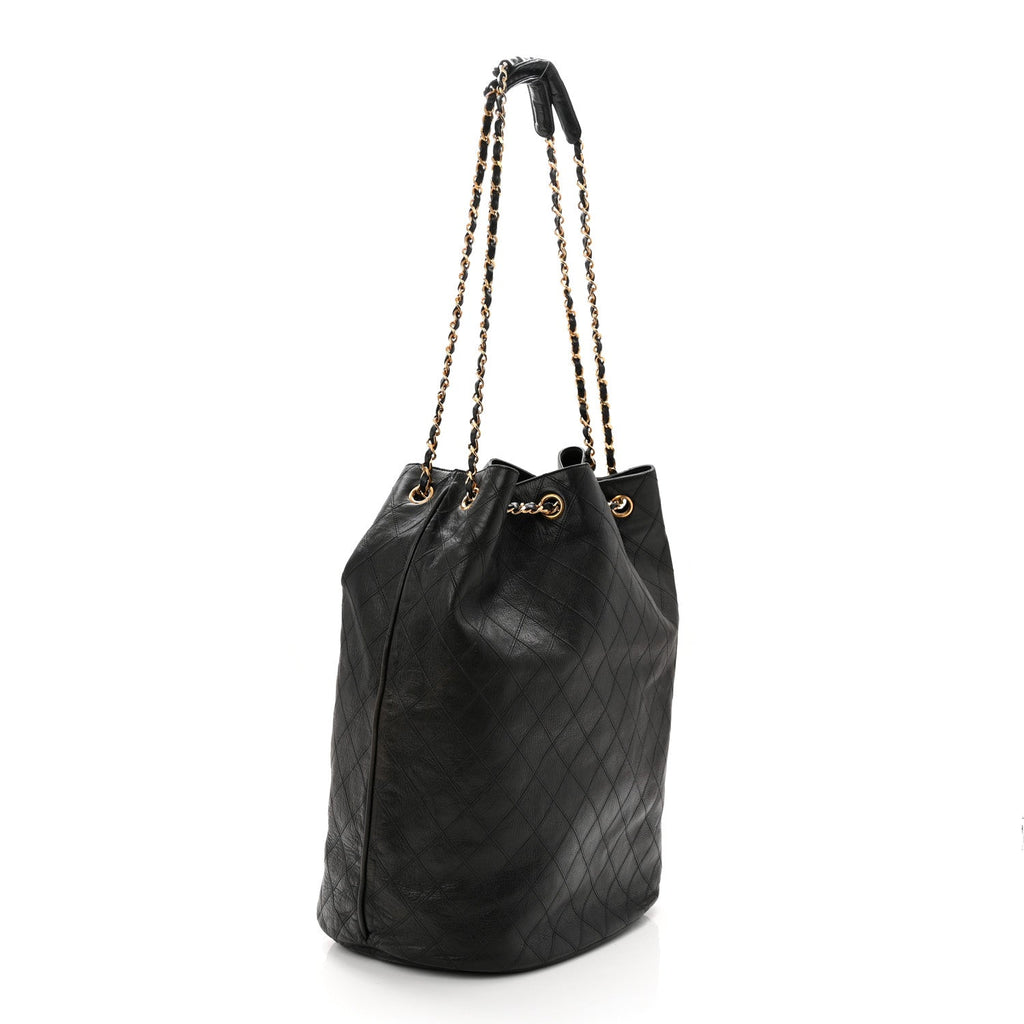 Chanel Grained Calfskin Quilted Drawstring Bucket Bag Black