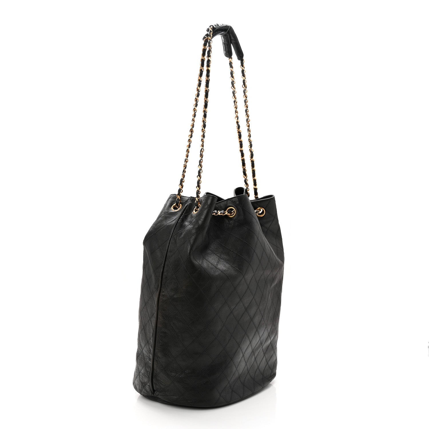 Chanel Grained Calfskin Quilted Drawstring Bucket Bag Black