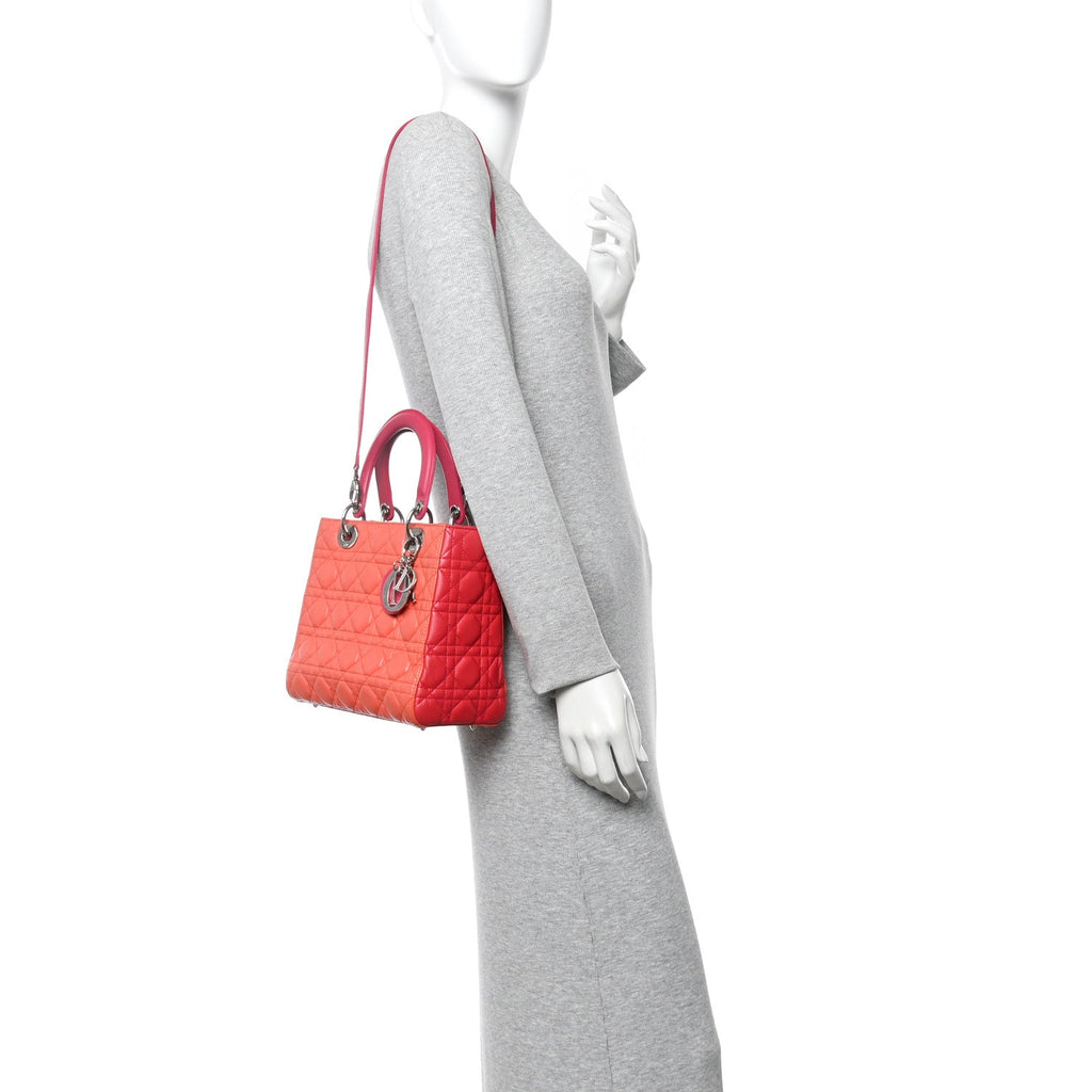 Christian Dior Lambskin Cannage Medium Bi-Color Lady Dior Orange Fuchsia