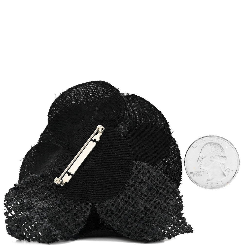 Chanel Tweed Fabric Camellia Pin Brooch Black