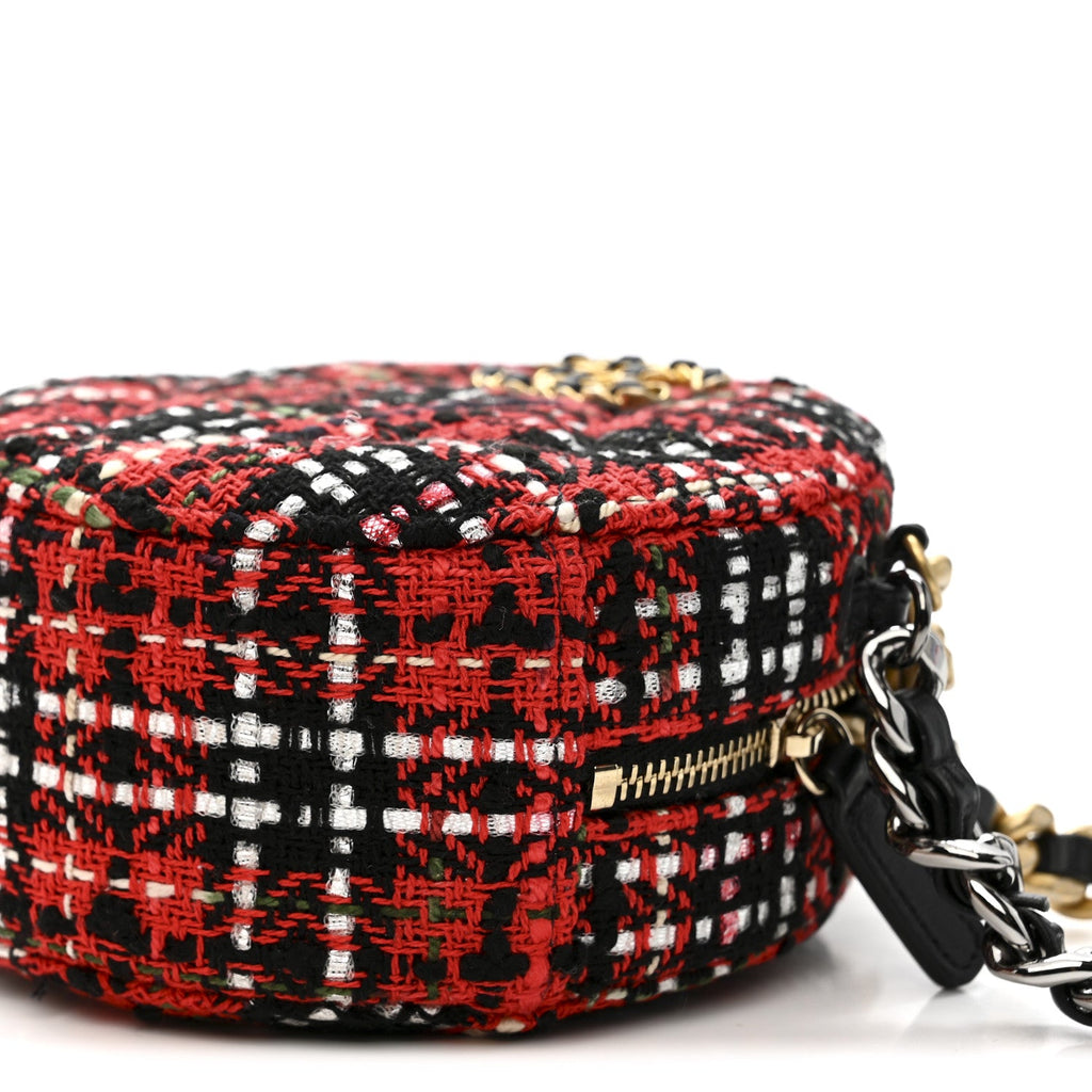 Chanel Tweed Quilted Chanel 19 Round Clutch With Chain  Red Black White Green