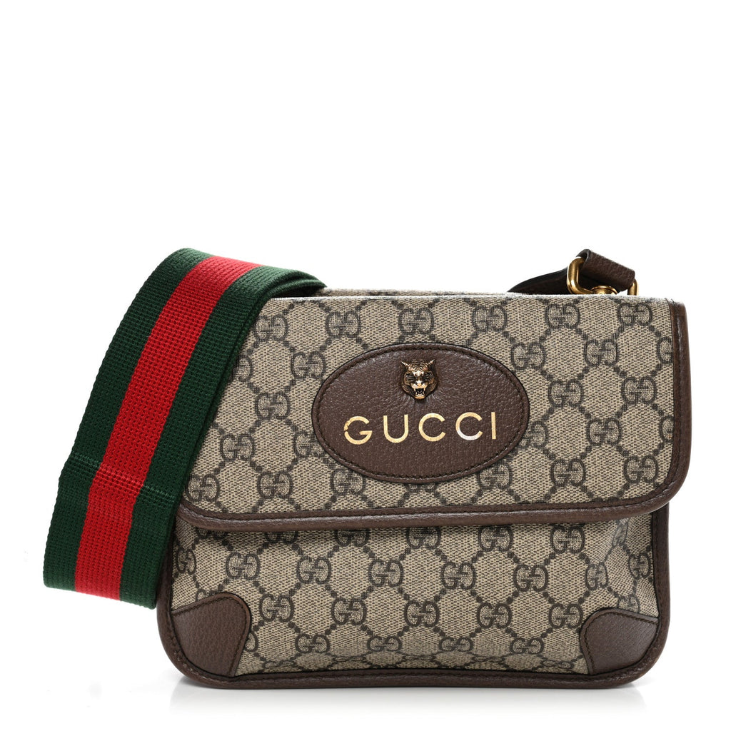 Gucci GG Supreme Monogram Web Small Neo Vintage Double Flap Messenger Bag Beige New Acero