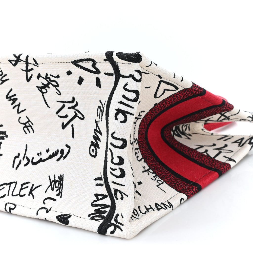 Christian Dior Canvas Embroidered Medium Dioramour Graffiti Book Tote Latte Multicolor