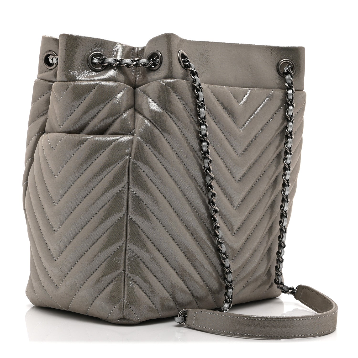 Chanel Iridescent Calfskin Chevron Small Urban Spirit Drawstring Bag Silver