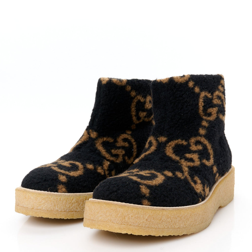 Gucci Faux Shearling Hooper GG Womens Ankle Boots 38.5 Black Natural Tan