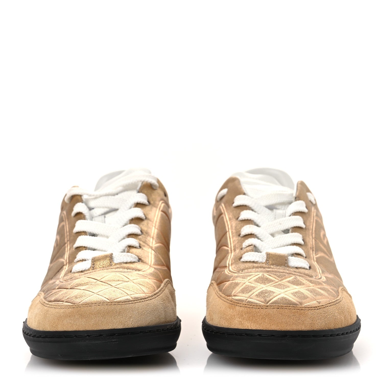 Laminated Calfskin Suede Quilted Womens CC Sneakers 39 Gold