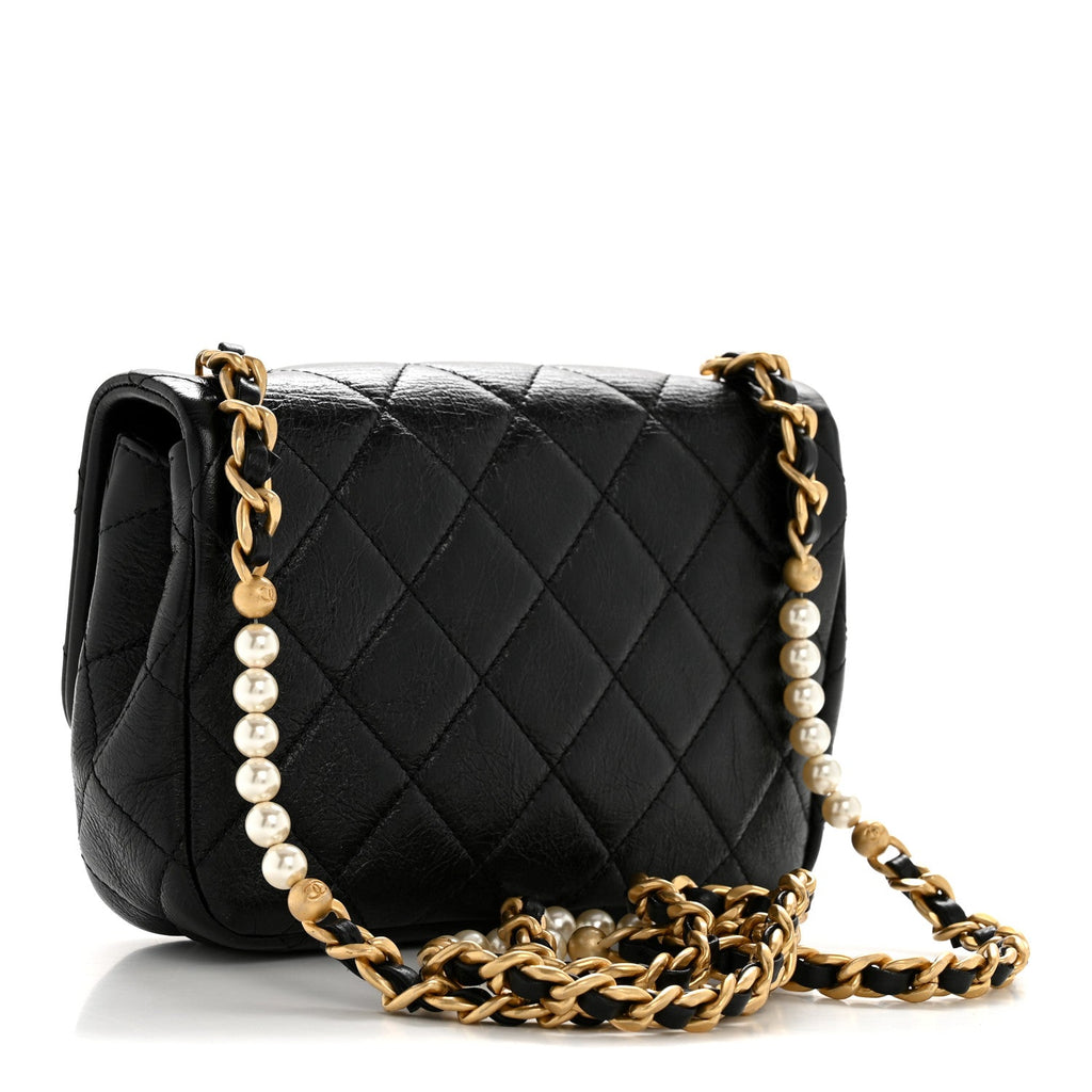 Chanel Glazed Calfskin Quilted Mini Pearl Side Flap Black