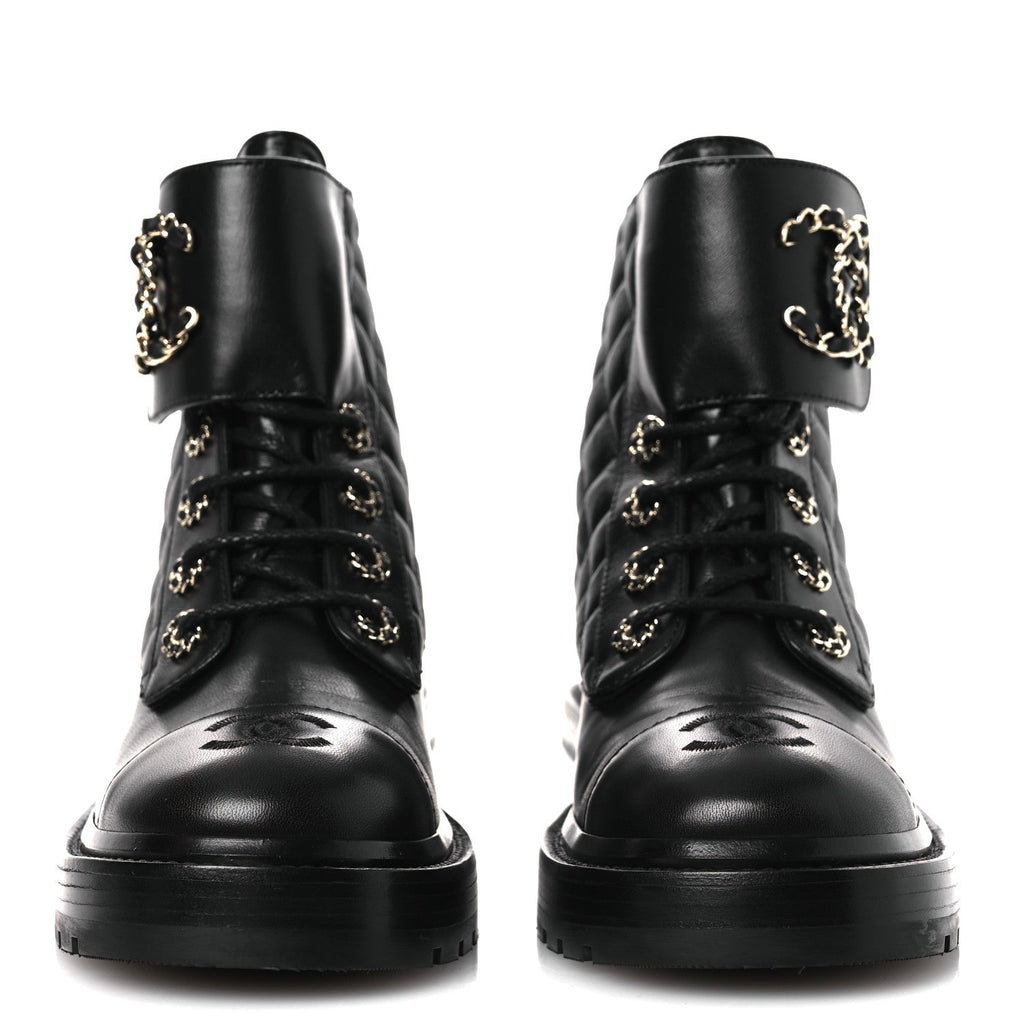 Chanel Shiny Lambskin Quilted Lace Up Combat Boots 37 Black