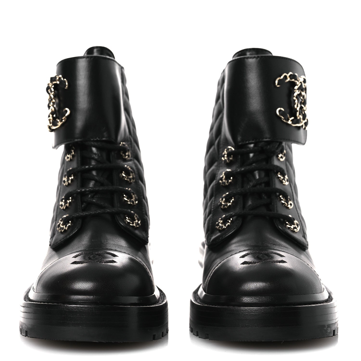 Chanel Shiny Lambskin Quilted Lace Up Combat Boots 37 Black